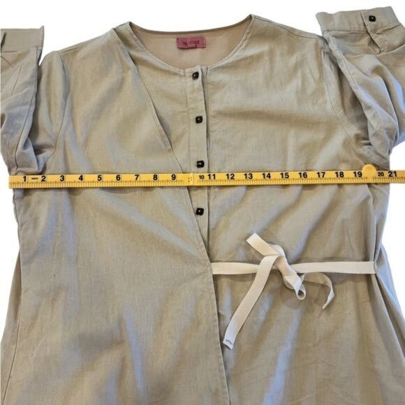 Anthropologie Mauve Brand Lagenlook Cotton Khaki Dress Button Front Tied Overlay - Picture 11 of 14